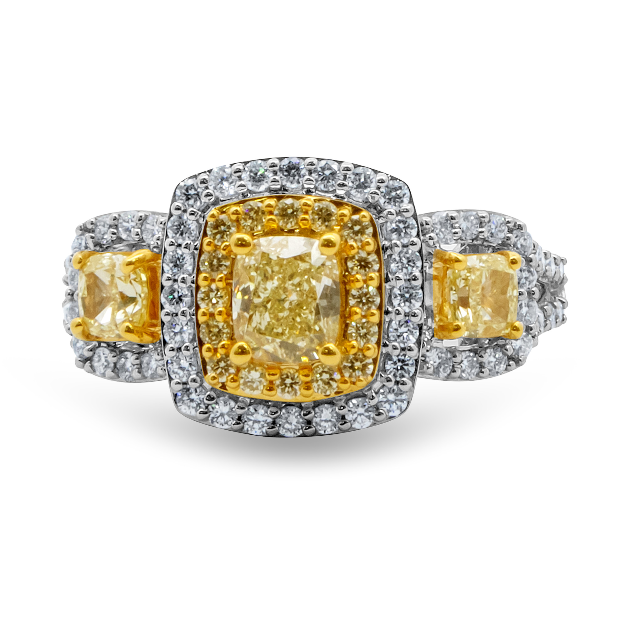 Cushion Shape Yellow and White Diamond Ring