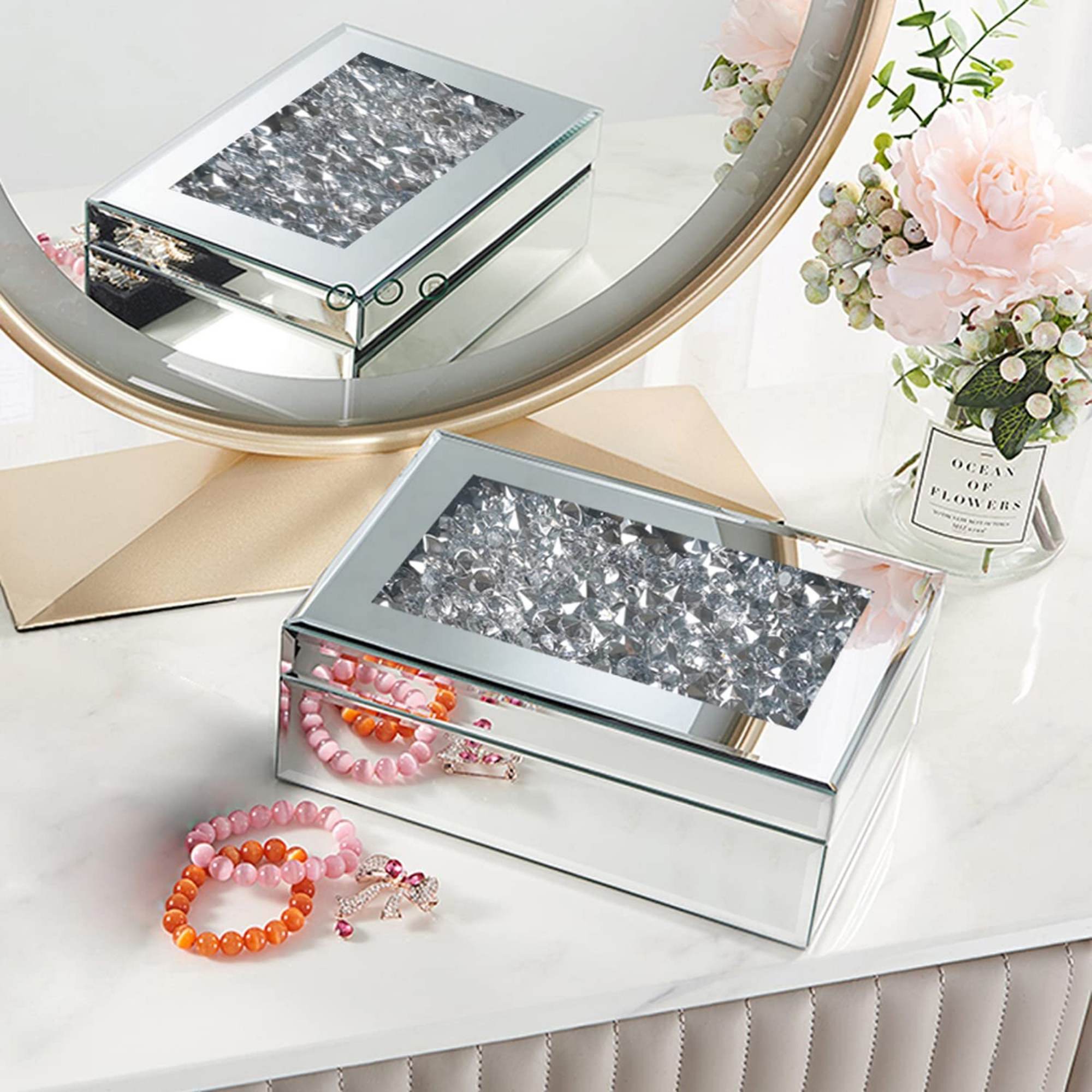 GEM Diamond Crush Mirrored Jewellery Box Set