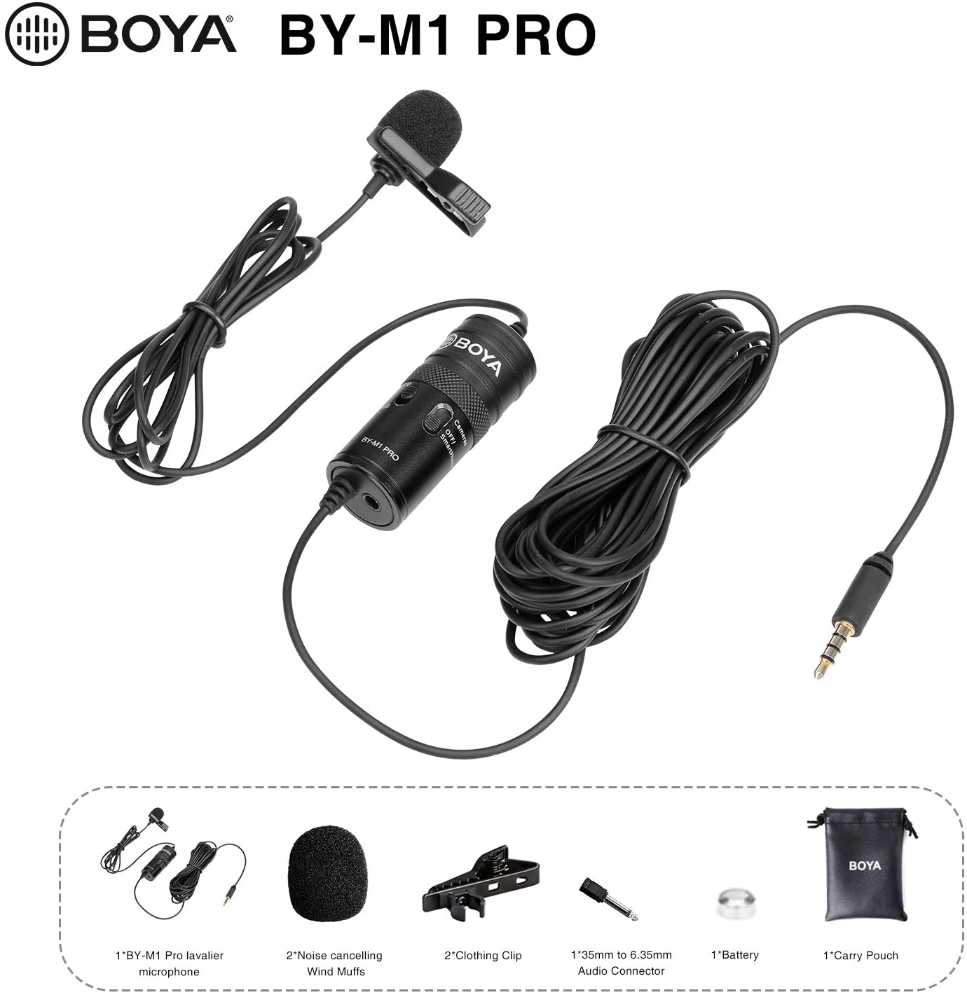 BOYA by-M1 Pro Omnidirectional Lavalier Microphone Clip-on Lapel Mic for Smartphones DSLRs Camcorders Audio Recorders PC Recording