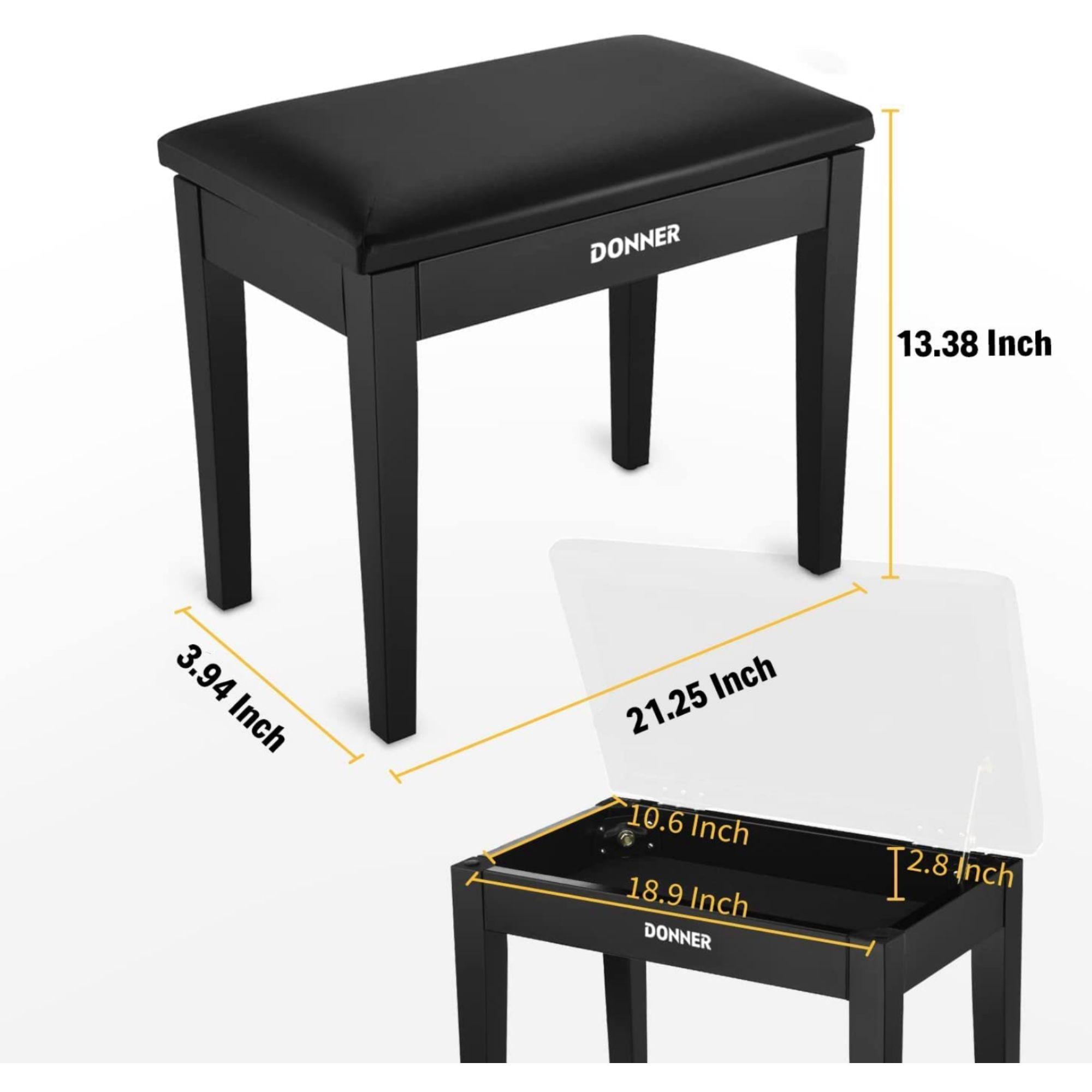 Donner Piano Bench with Storage Solid Wood Keyboard Bench Piano Bookcase Stool Chair Seat with High-Density Sponges Pad Black