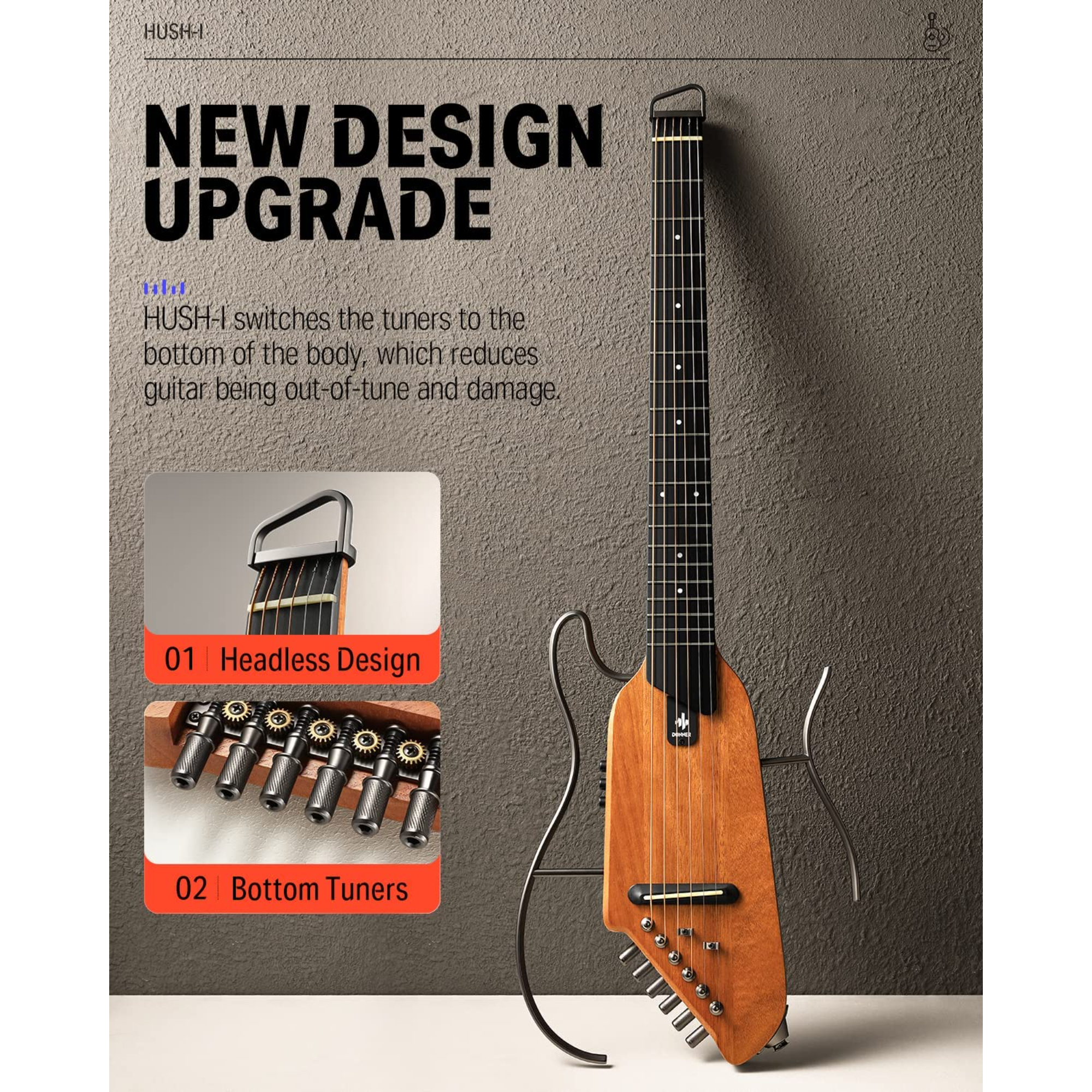 Donner TravelSilent Guitar HUSH-I Headless Guitar Removable Frames Ultra Light Acoustic Electric Guitar with Gig Bag and Accessories Mahogany