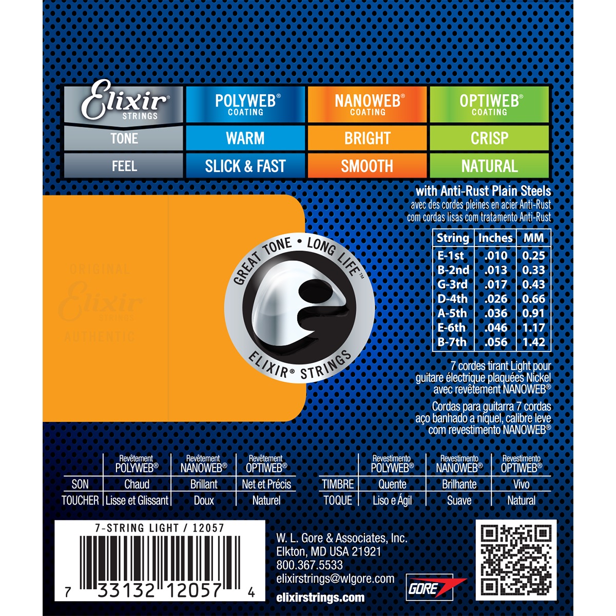 Elixir 12057 Nanoweb Light 7-String Electric Guitar Strings