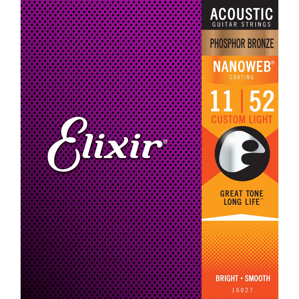 Elixir 16027 Phosphor Bronze Nanoweb Custom Light Acoustic Strings 11-52