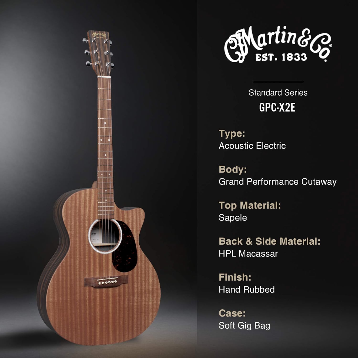 Martin X Series GPC-X2E Macassar Grand Performance Electro Acoustic Guitar
