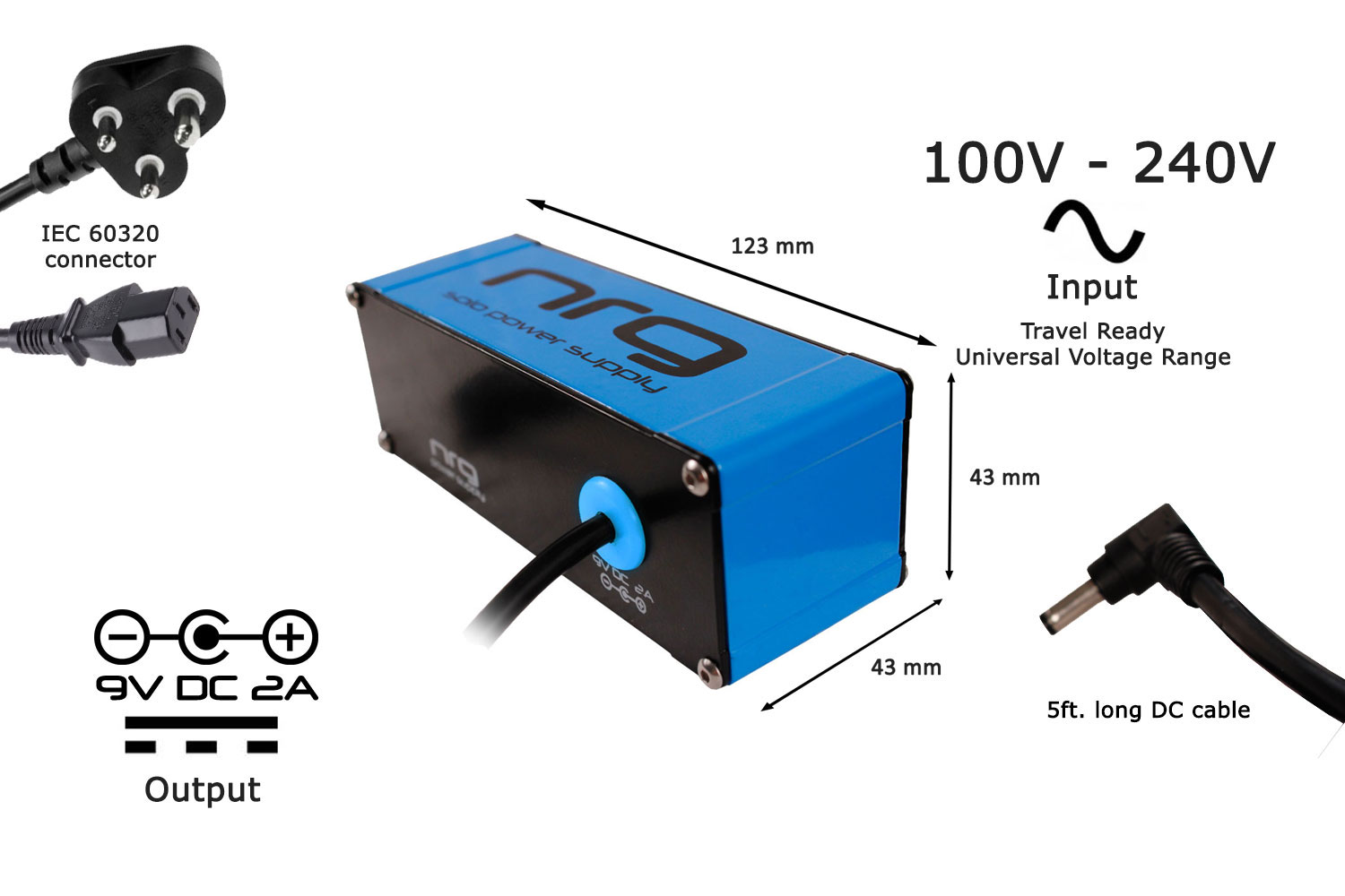 NRG Solo Power Supply 9volts 2amp Center ve Neon Blue