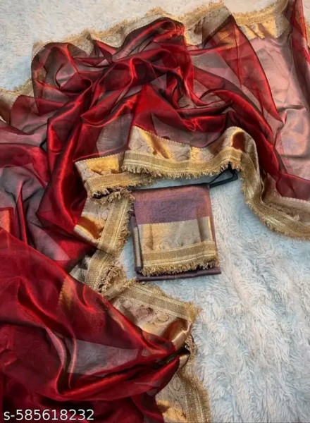 Image of Banarasi tissue silk saree with designer lace