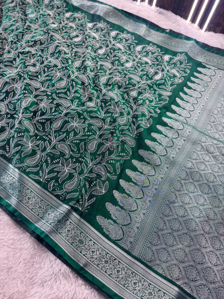 Premium saten silk chickenkari saree