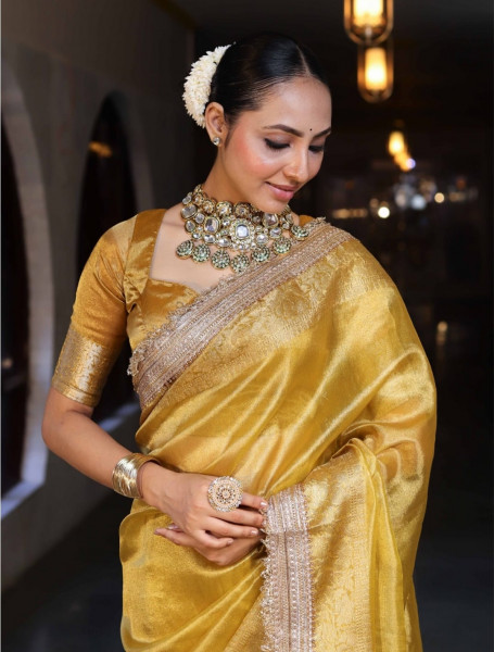 Image of Banarasi tissue silk saree with designer lace