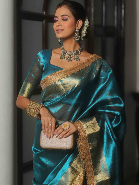 Image of Banarasi tissue silk saree with designer lace