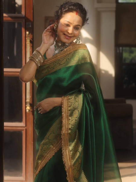 Image of Banarasi tissue silk saree with designer lace