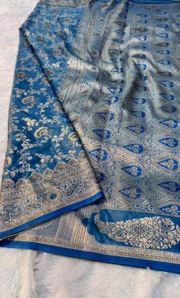 Royal Blue Banarasi Silk Saree with Silver Zari Floral Weaving