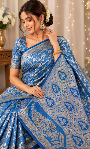 Image of Royal Blue Banarasi Silk Saree with Silver Zari Floral Weaving