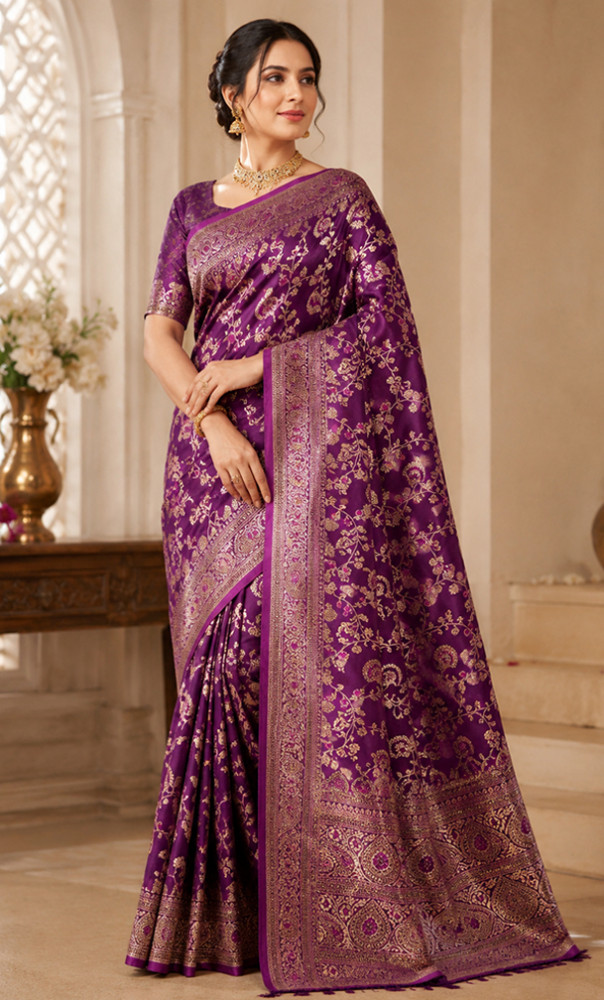 Image of Royal Purple Banarasi Silk Saree with Gold Zari Floral Weaving