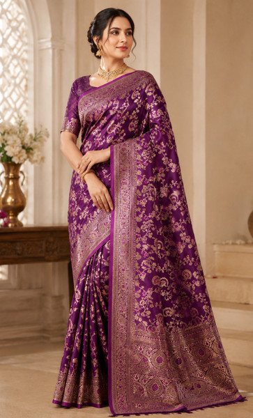 Image of Royal Purple Banarasi Silk Saree with Gold Zari Floral Weaving
