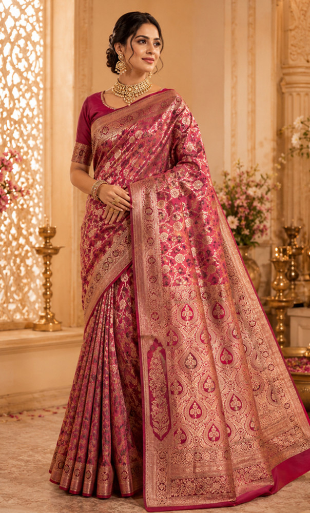 Image of Rani Pink Banarasi Silk Saree with Gold Zari Floral Weaving