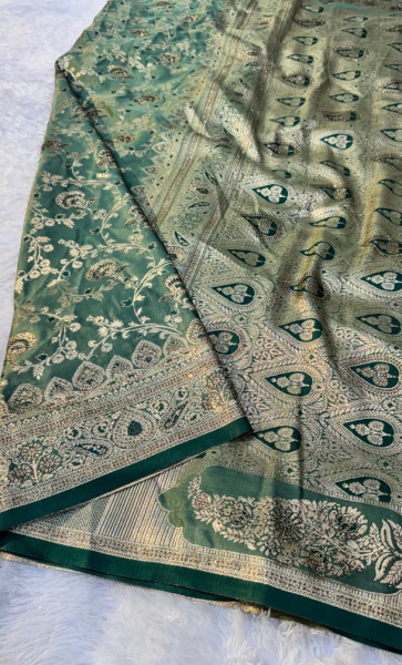 Teal Green Banarasi Silk Saree with Gold Zari Floral Weaving