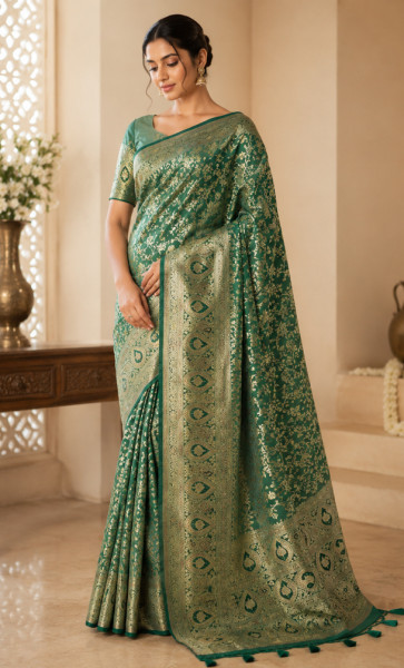 Image of Teal Green Banarasi Silk Saree with Gold Zari Floral Weaving