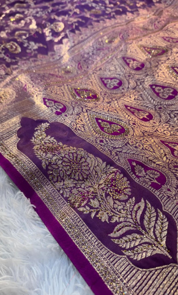 Royal Purple Banarasi Silk Saree with Gold Zari Floral Weaving
