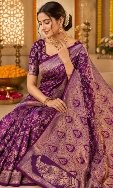 Image of Royal Purple Banarasi Silk Saree with Gold Zari Floral Weaving