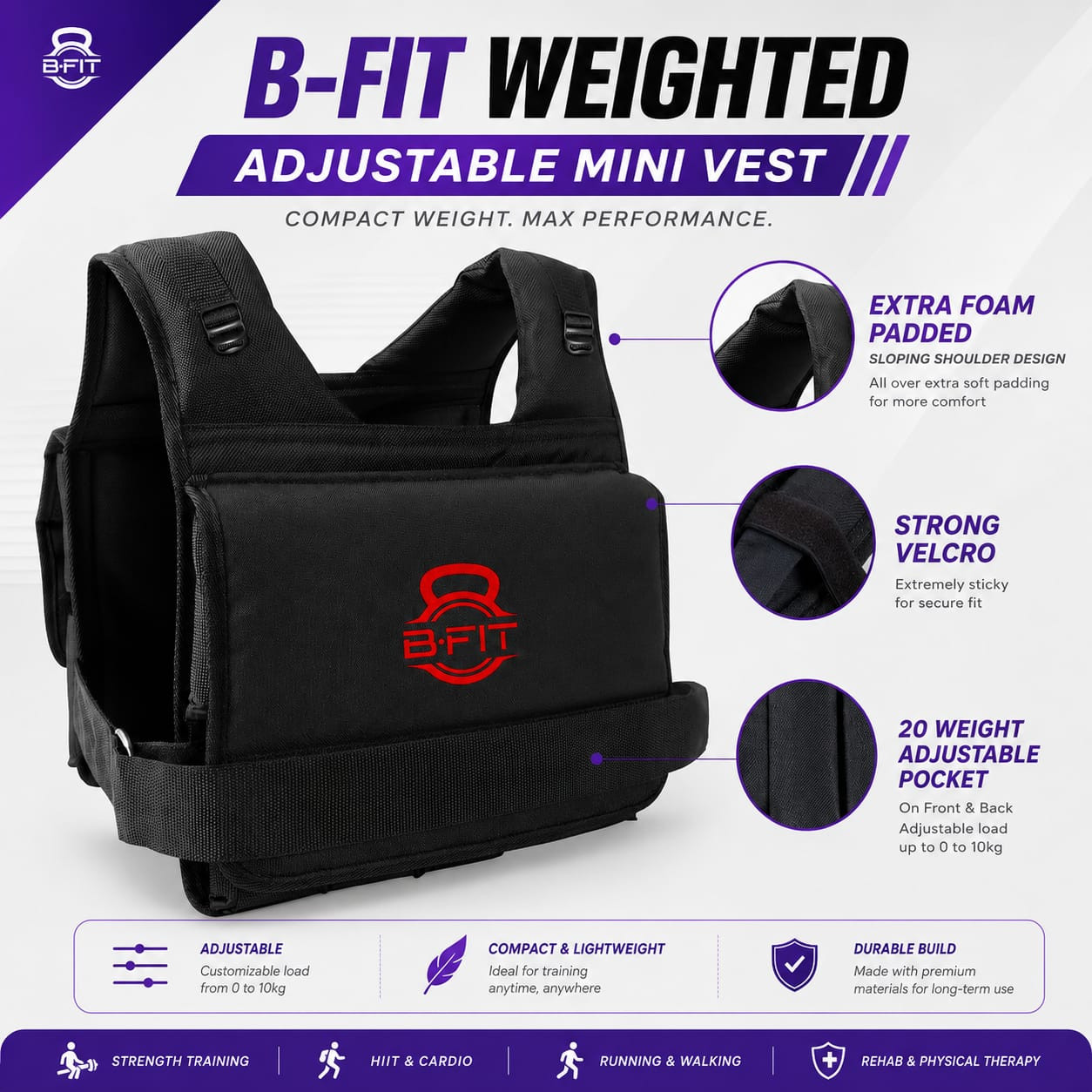 B Fit Short Style Adjustable Weighted Vest Jacket weight 1015 Kgs