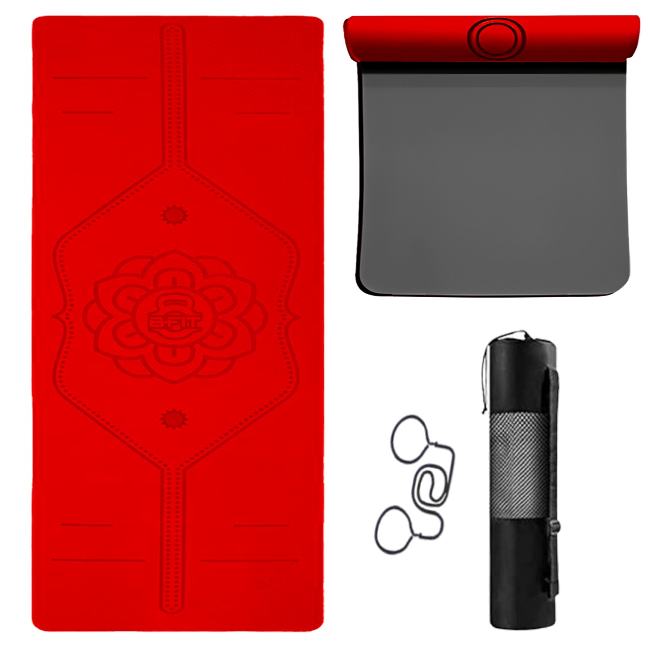 B Fit  Extra Wide 31x72 Inch 8 MM Thick Premium TPE Yoga Mat with Alignment Printed Red Black Color   - Classic Pro Yoga Mat Eco Friendly Non Slip Fitness Exercise Mat with Smart Carry Bag-Workout Mat for Yoga Pilates and Floor Exercises