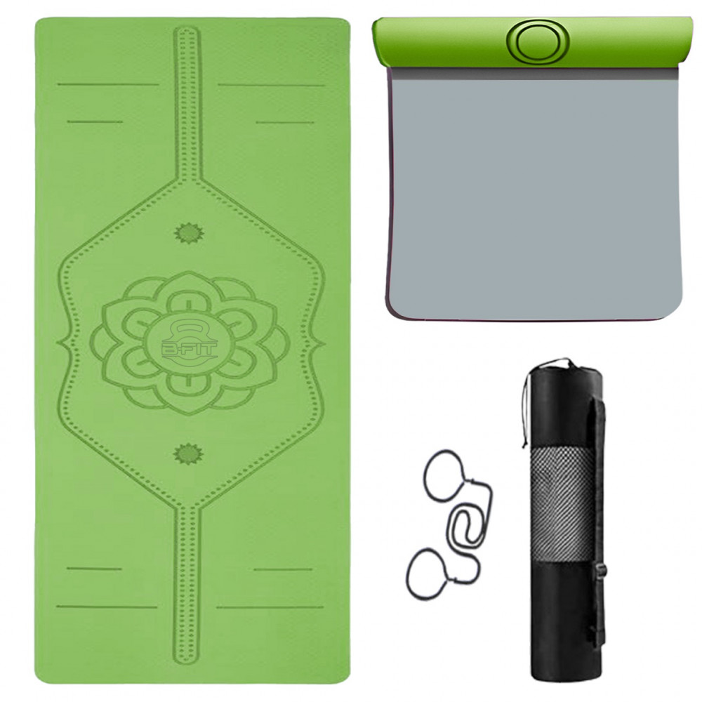 Image of B Fit  Extra Wide 31x72 Inch 8 MM Thick Premium TPE Yoga Mat with Alignment Printed Green-Grey  Color   - Classic Pro Yoga Mat Eco Friendly Non Slip Fitness Exercise Mat with Smart Carry Bag-Workout Mat for Yoga, Pilates and Floor Exercises