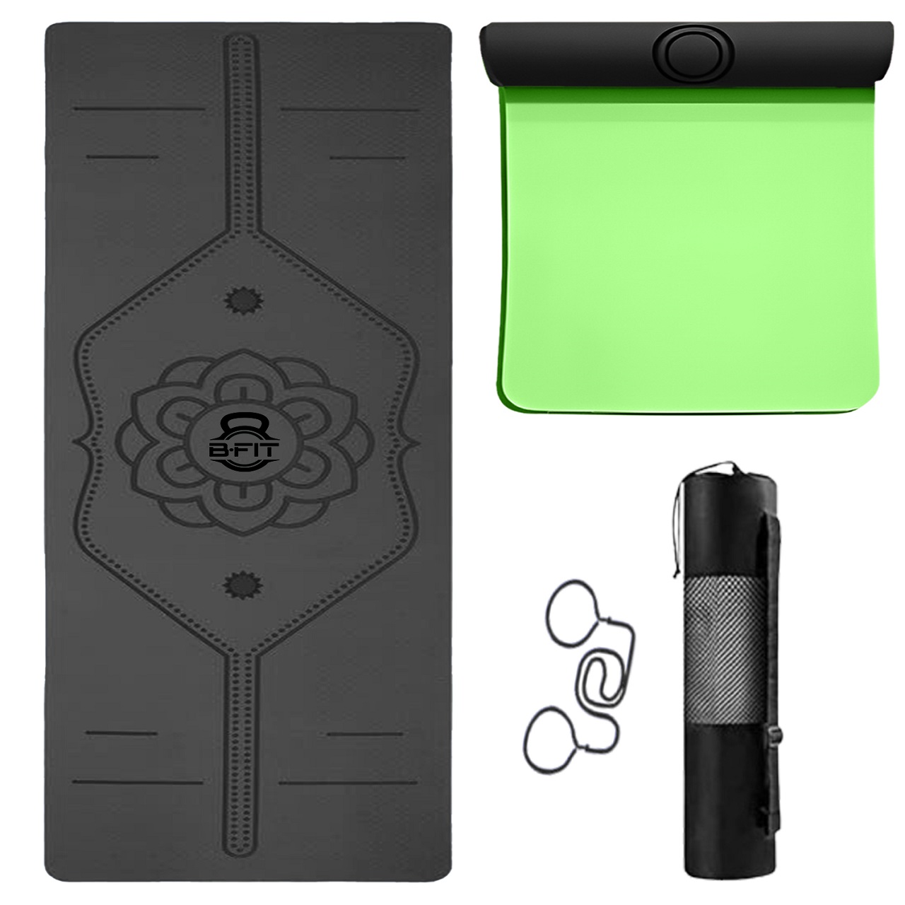 B Fit Extra Wide 31x72 Inch 8 MM Thick Premium TPE Yoga Mat with Alignment Printed Green-Black Color - Classic Pro Yoga Mat Eco Friendly Non Slip Fitness Exercise Mat with Smart Carry Bag-Workout Mat for Yoga Pilates and Floor Exercises