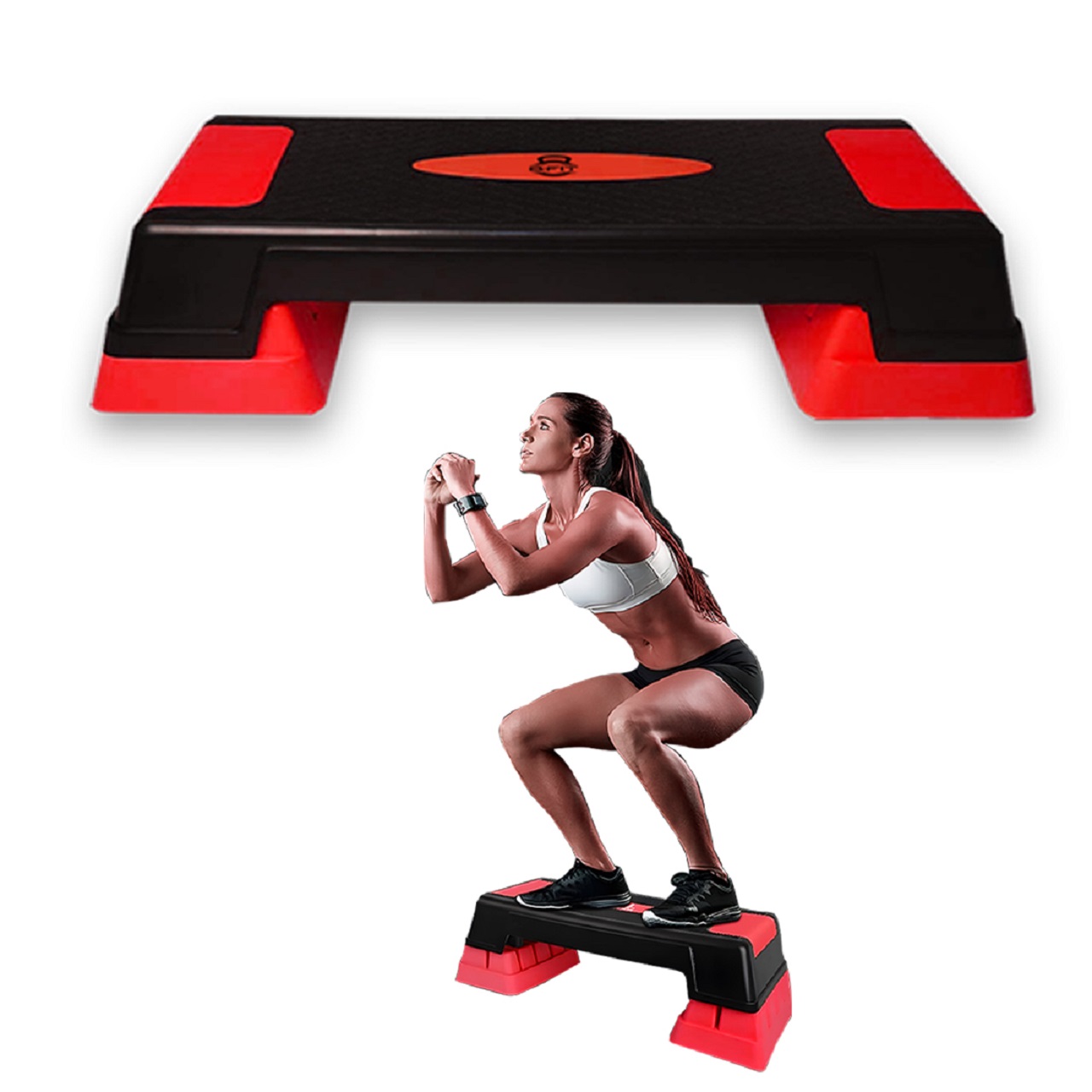 B Fit Big Size Aerobic Step - 2 Levels Height Adjustable 68 inch Color Red and Black Non Slip Rubber Surface 200 kg Max - Fitness Stepper Board