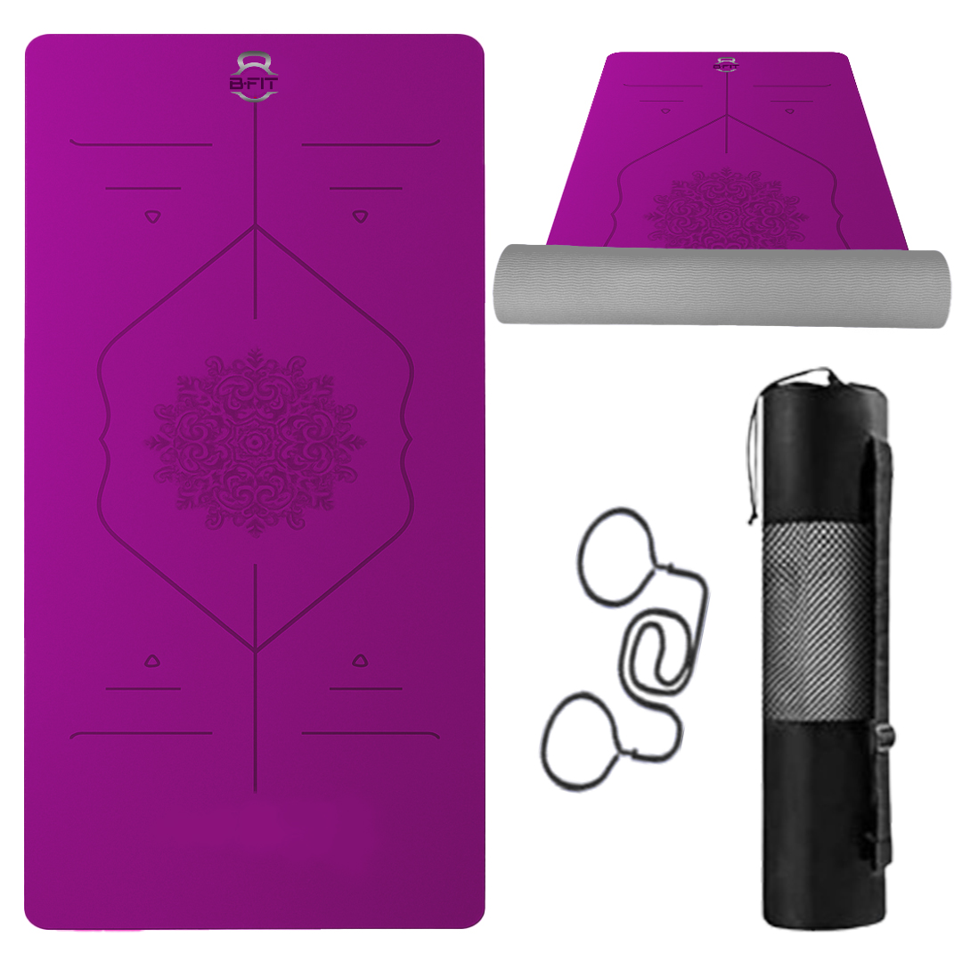 B Fit  Extra Wide 31x72 Inch 8 MM Thick Premium TPE Yoga Mat with Alignment Printed Green-Black  Color   - Classic Pro Yoga Mat Eco Friendly Non Slip Fitness Exercise Mat with Smart Carry Bag-Workout Mat for Yoga Pilates and Floor Exercises