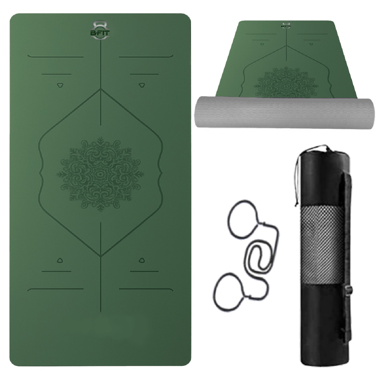 B Fit Extra Wide 31x72 Inch 8 MM Thick Premium TPE Yoga Mat with Alignment Printed Green-Black Color - Classic Pro Yoga Mat Eco Friendly Non Slip Fitness Exercise Mat with Smart Carry Bag-Workout Mat for Yoga Pilates and Floor Exercises