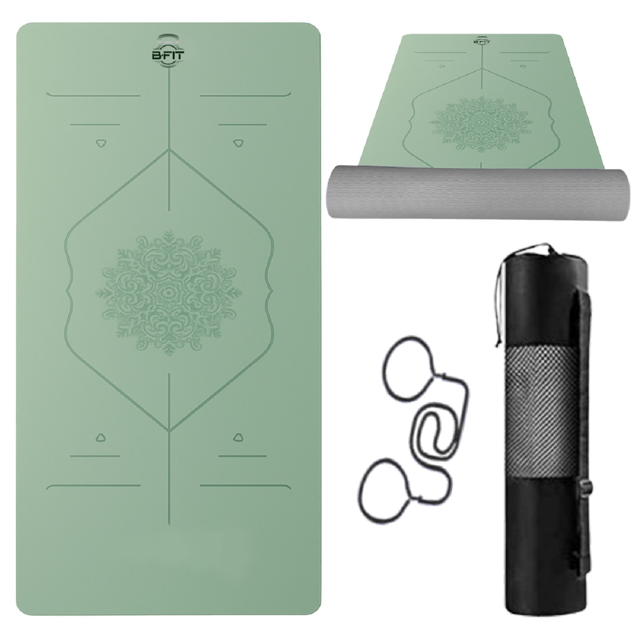 B Fit Extra Wide 36x72 Inch 9 MM Thick Premium TPE Yoga Mat with Alignment Printed Green-Black Color - Classic Pro Yoga Mat Eco Friendly Non Slip Fitness Exercise Mat with Smart Carry Bag-Workout Mat for Yoga Pilates and Floor Exercises