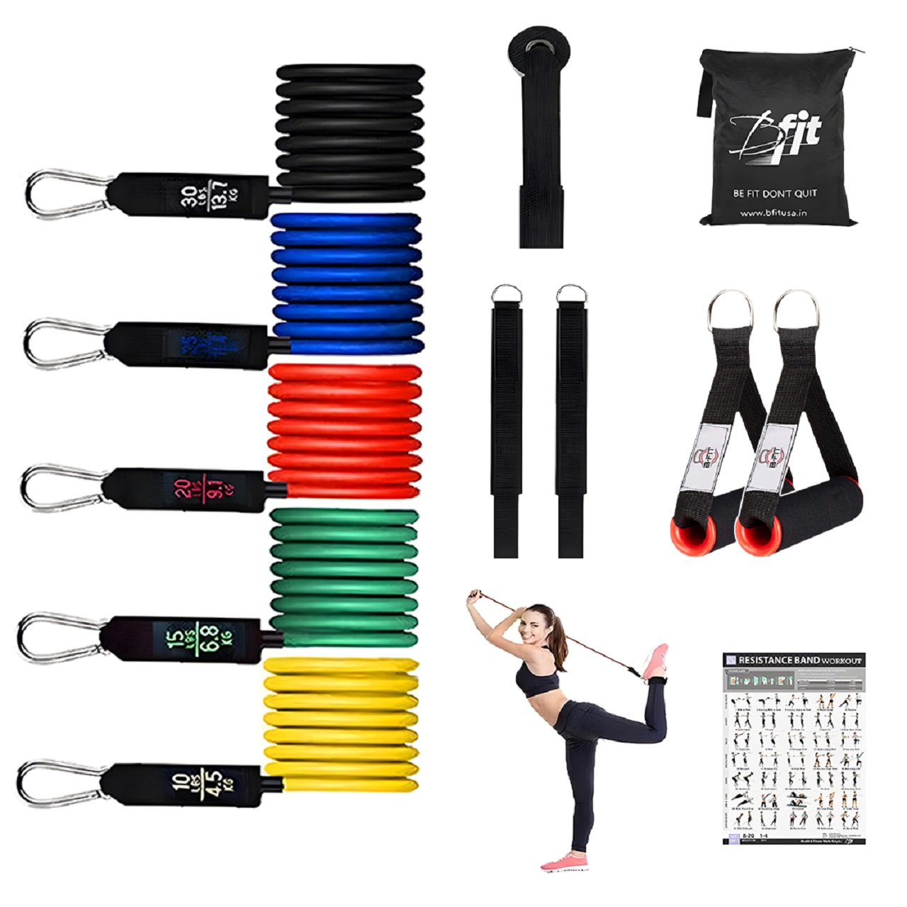 B Fit Professional Level 11 Pcs Resistance Band Set with 5 Bands 1 Anchor 2 Handles 2 Ankle Straps and one Smart Carry Bag- Workouts for Heavy use