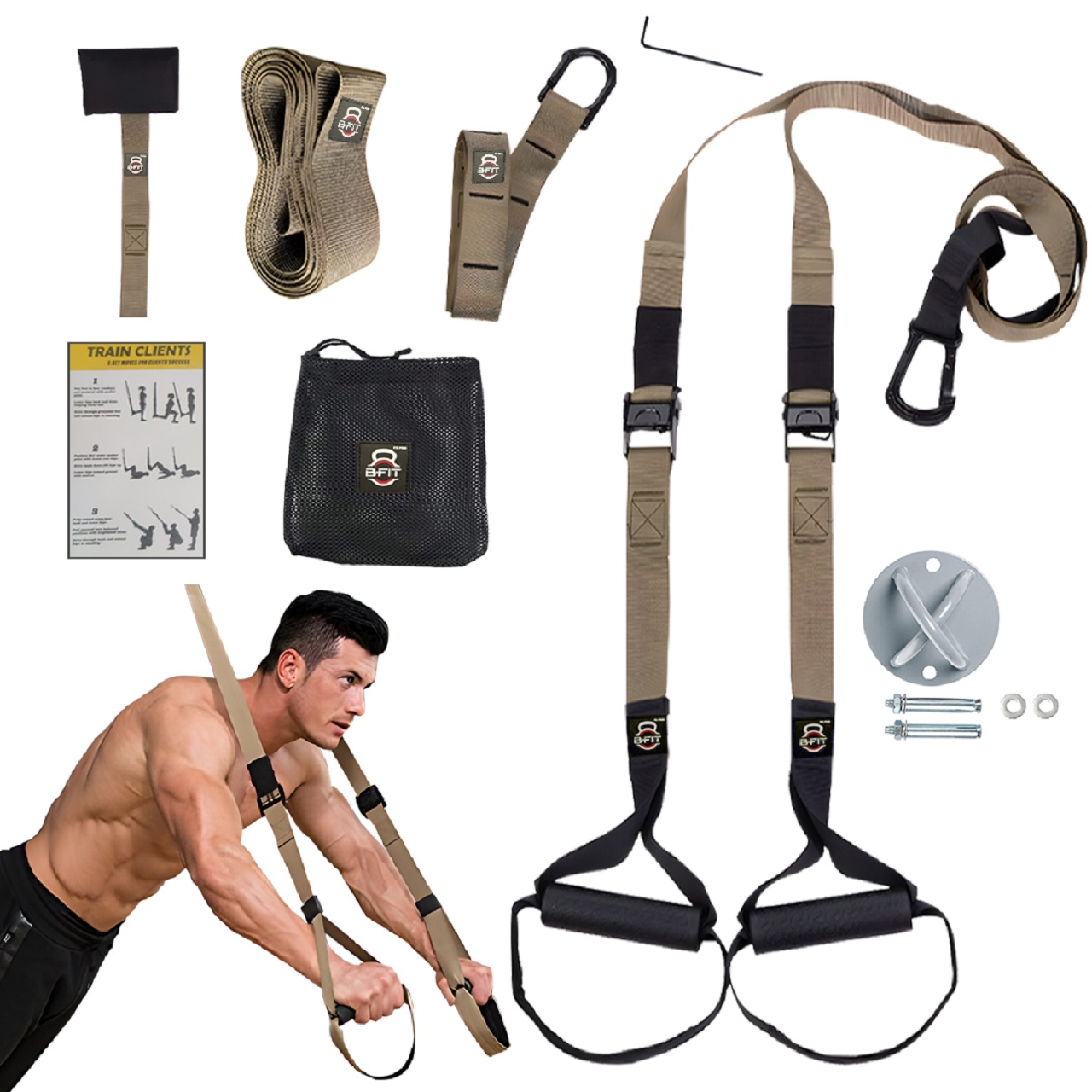 B Fit All-in-One Suspension Trainer - P3 Pro- Military Home-Gym System Kit with Additional Mount Anchor Bracket