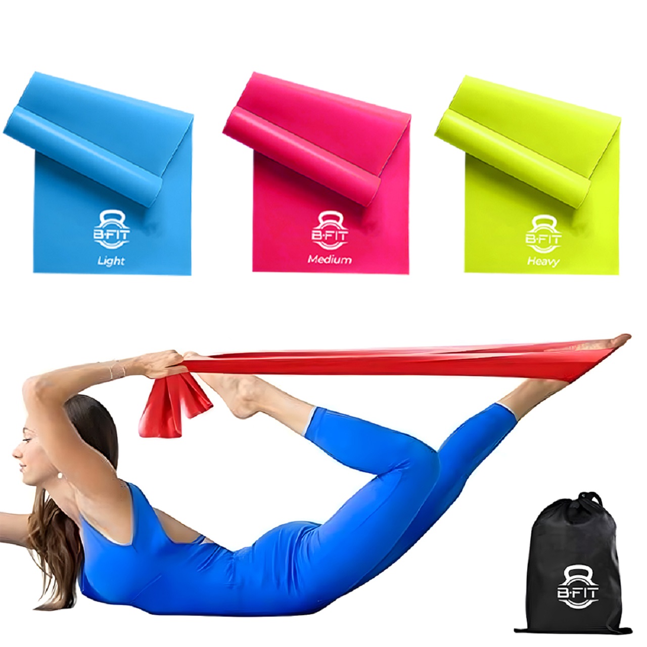 B Fit Exercise Rubber Stretch Resistance Bands Set of 3 -Men Women Home Gym Fitness Equipment for Physical Therapy Pilates Stretch Yoga Strength Training Workout