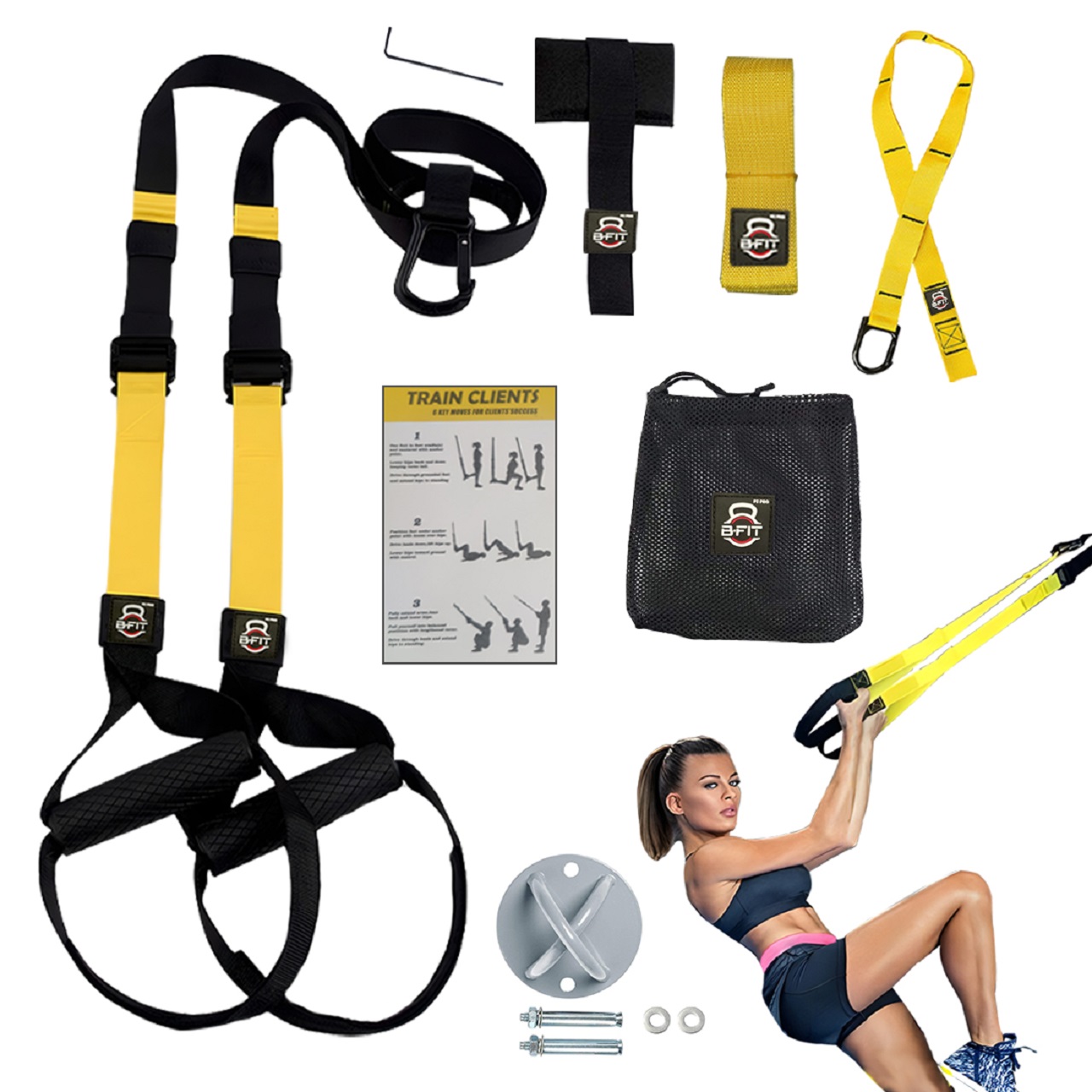B Fit All-in-One Suspension Trainer - P3 Pro- Home-Gym System Kit with Additional Mount Anchor Bracket
