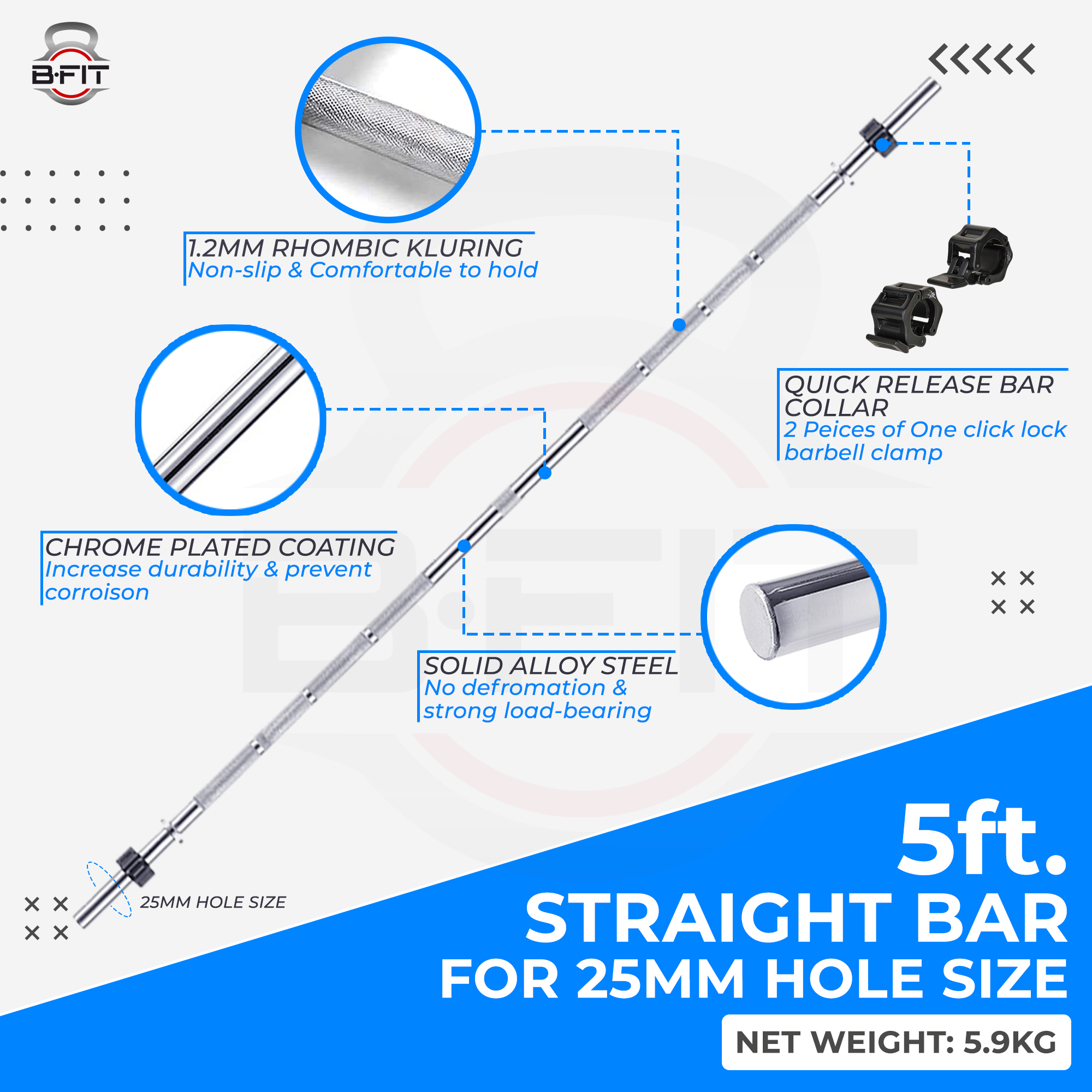 B Fit Weight Lifting Bar 5 Feet Dia 25 MM with Premium Collar pair