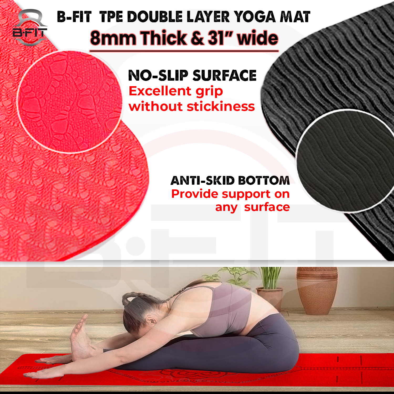 B Fit  Extra Wide 31x72 Inch 8 MM Thick Premium TPE Yoga Mat with Alignment Printed Red Black Color   - Classic Pro Yoga Mat Eco Friendly Non Slip Fitness Exercise Mat with Smart Carry Bag-Workout Mat for Yoga Pilates and Floor Exercises
