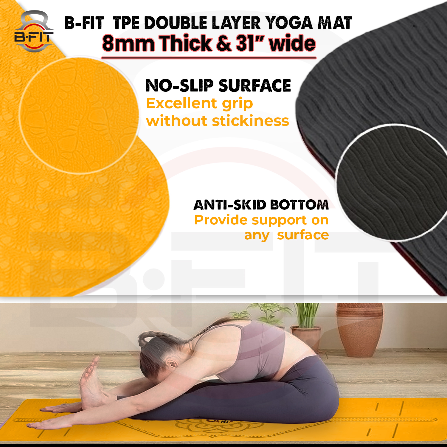 B Fit Extra Wide 31x72 Inch 8 MM Thick Premium TPE Yoga Mat with Alignment Printed Orange Black Color - Classic Pro Yoga Mat Eco Friendly Non Slip Fitness Exercise Mat with Smart Carry Bag-Workout Mat for Yoga Pilates and Floor Exercises