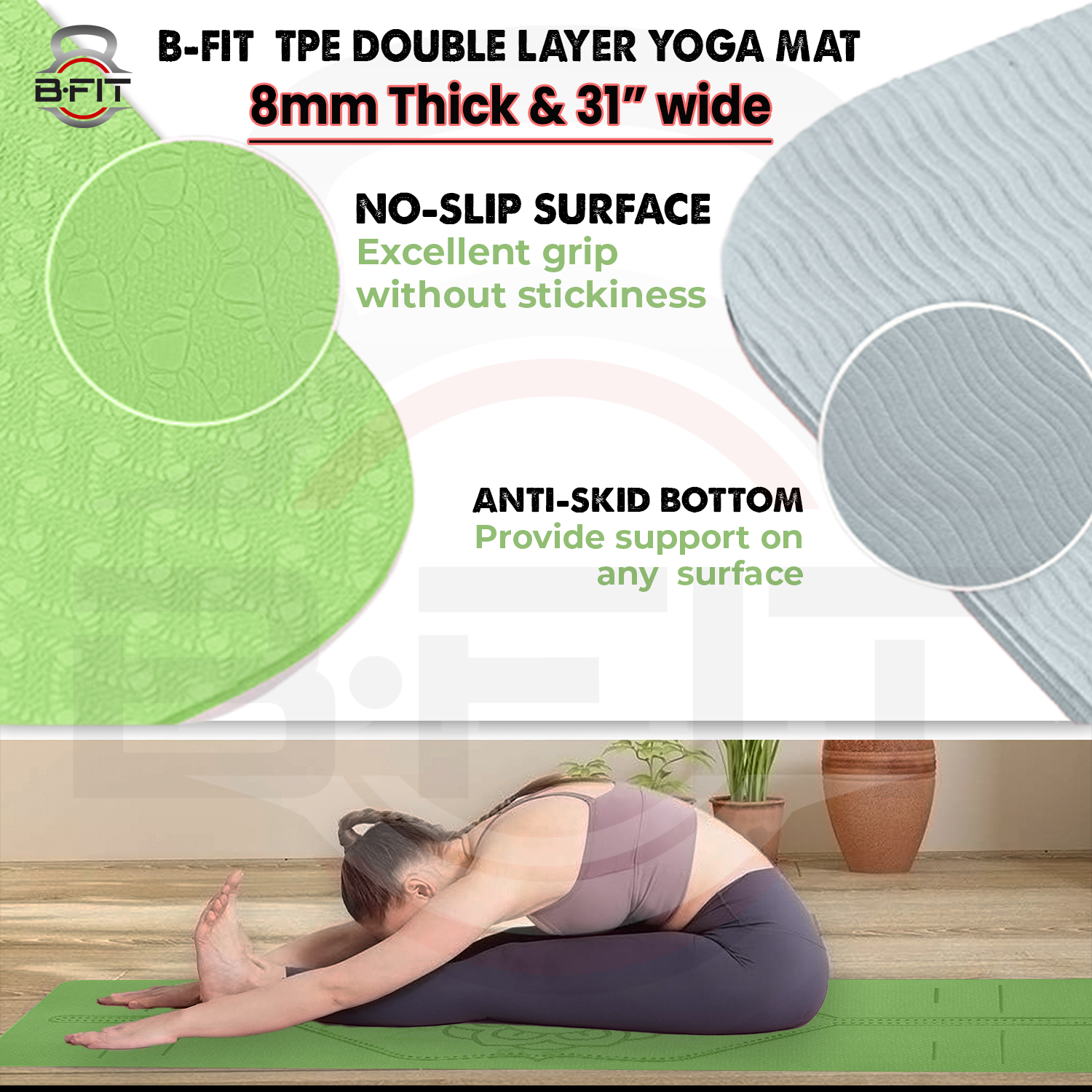 B Fit Extra Wide 31x72 Inch 8 MM Thick Premium TPE Yoga Mat with Alignment Printed Green-Grey Color - Classic Pro Yoga Mat Eco Friendly Non Slip Fitness Exercise Mat with Smart Carry Bag-Workout Mat for Yoga Pilates and Floor Exercises