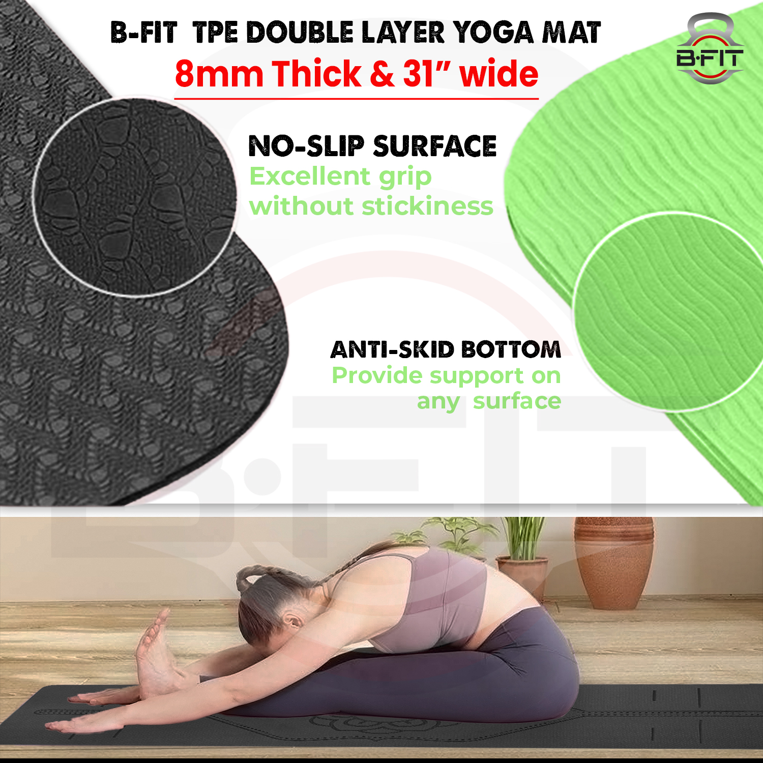 B Fit  Extra Wide 31x72 Inch 8 MM Thick Premium TPE Yoga Mat with Alignment Printed Green-Black  Color   - Classic Pro Yoga Mat Eco Friendly Non Slip Fitness Exercise Mat with Smart Carry Bag-Workout Mat for Yoga Pilates and Floor Exercises