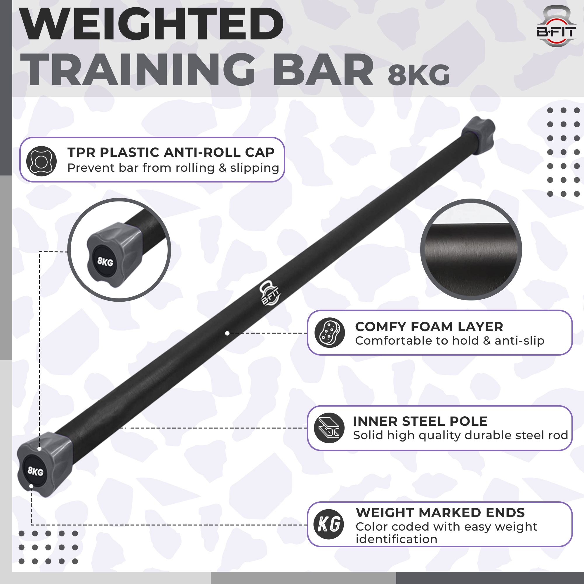 B Fit Weighted Workout Bar 8 Kg - Padded Foam 47 Heavy-Duty Solid Steel Exercise Bar for Physical Therapy Aerobics Yoga Pilates - Premium Equipment