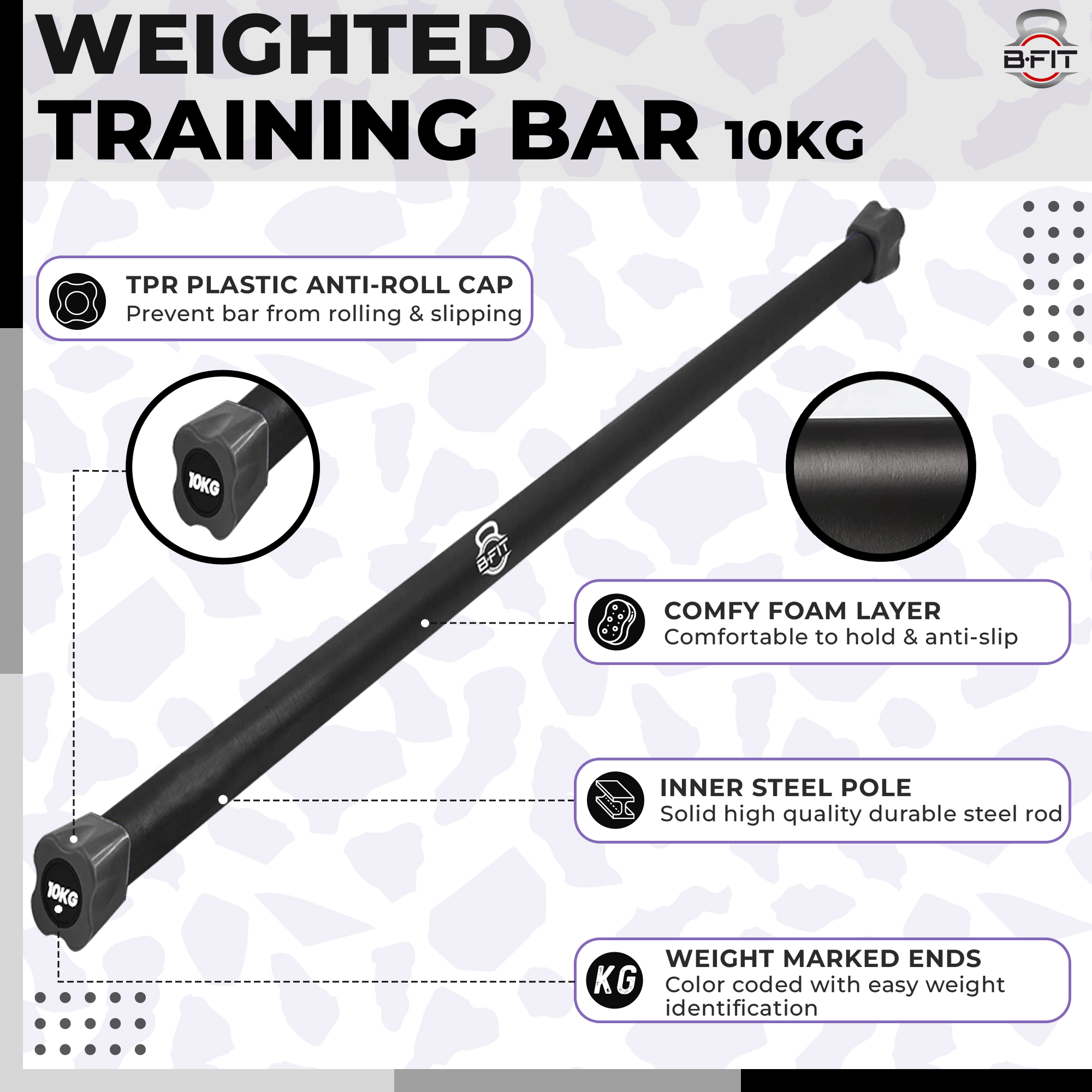 B Fit Weighted Workout Bar 10 Kg - Padded Foam 47 Heavy-Duty Solid Steel Exercise Bar for Physical Therapy Aerobics Yoga Pilates - Premium Equipment
