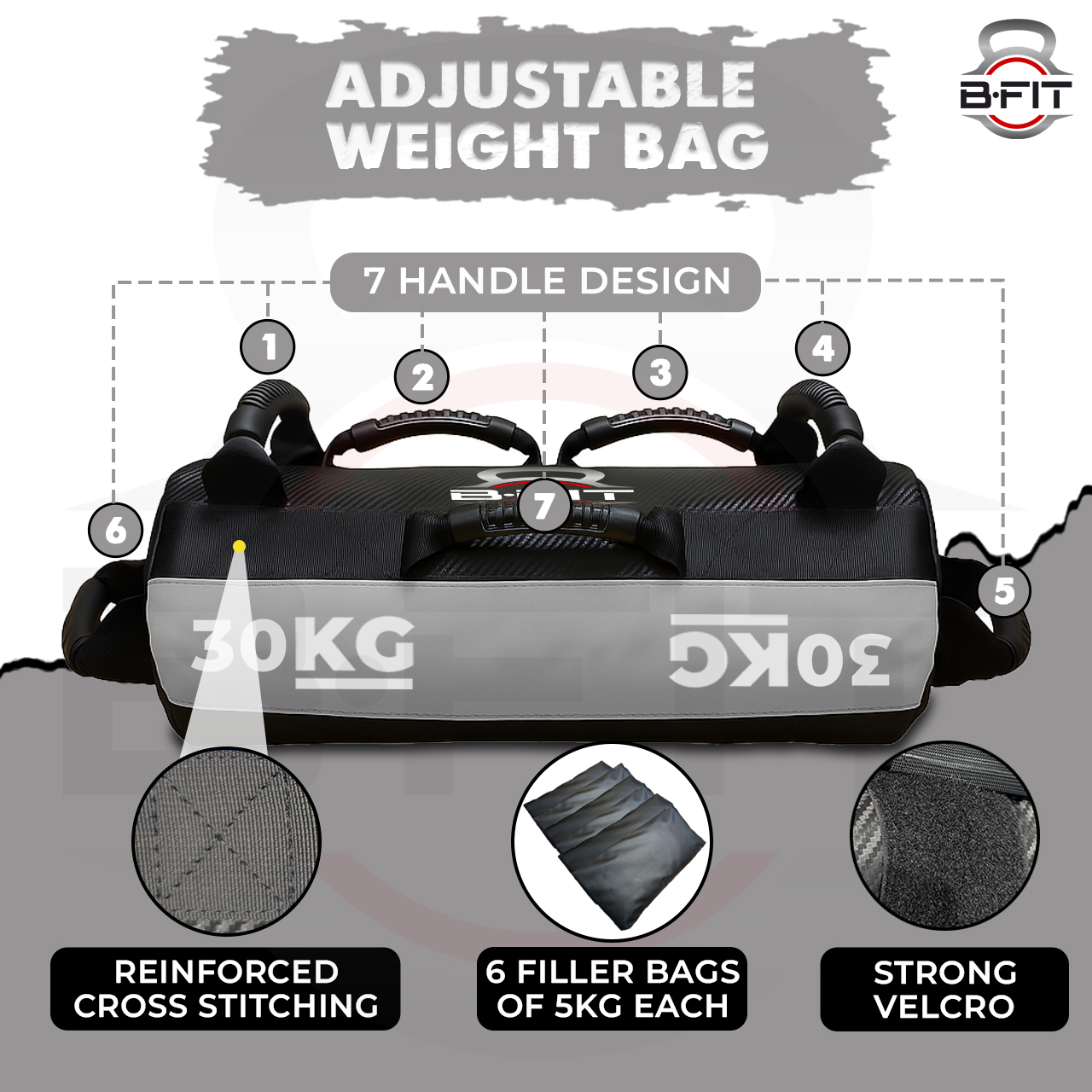 B Fit Sandbag for Fitness Weights Training filled Power Bags with Handles Adjustable Weighted Slam Bag for Strength Powerlifting Running Heavy Workout Home Gym Exercise 30 Kg