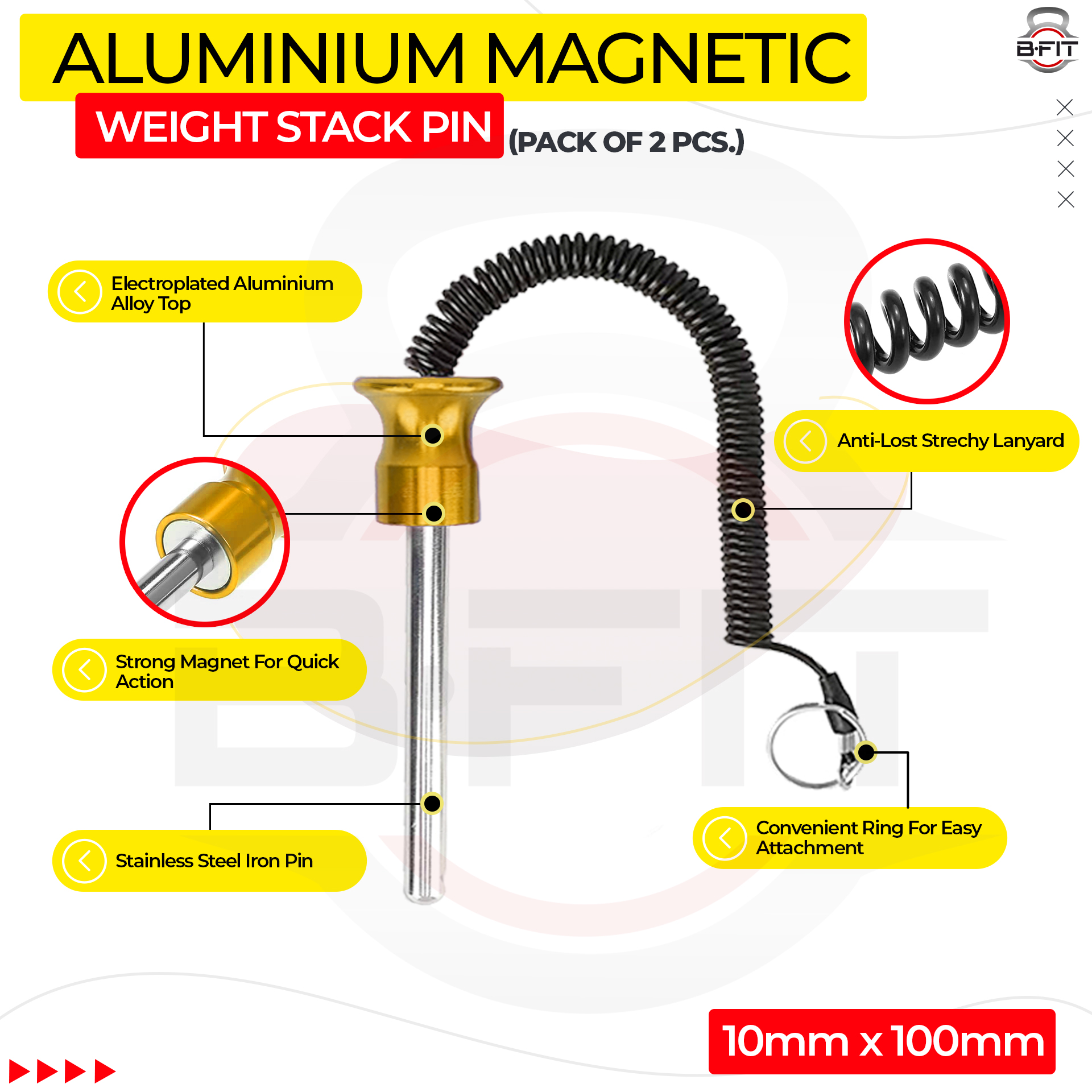 B FIT Pack of 2 Pin Tensile - Magnetic Universal Weight Stack Replacement SELECTOR Key - Size Dia 10 MM 100 MM Locking Space