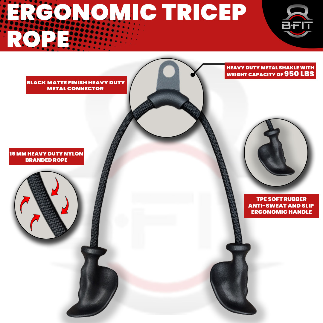 B Fit Tricep Rope with Ergonomic Handles 38 Inch Tricep Pull Down Rope for Cable Machine Pulley System Triceps Rope Cable Attachment for Gym Home