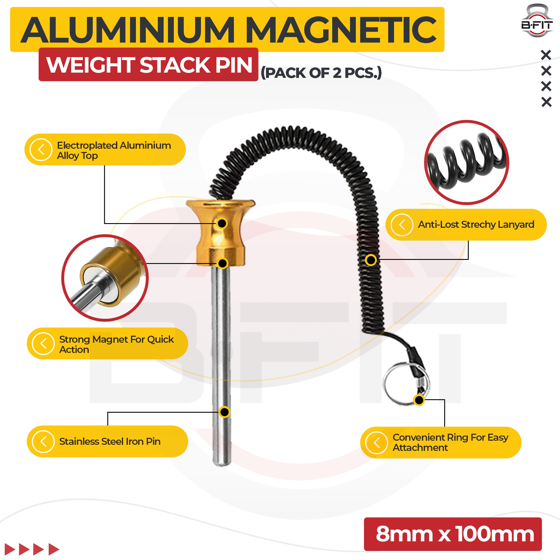 B FIT Pack of 2 Pin Tensile - Magnetic Universal Weight Stack Replacement SELECTOR Key - Size Dia 8 MM 100 MM Locking Space