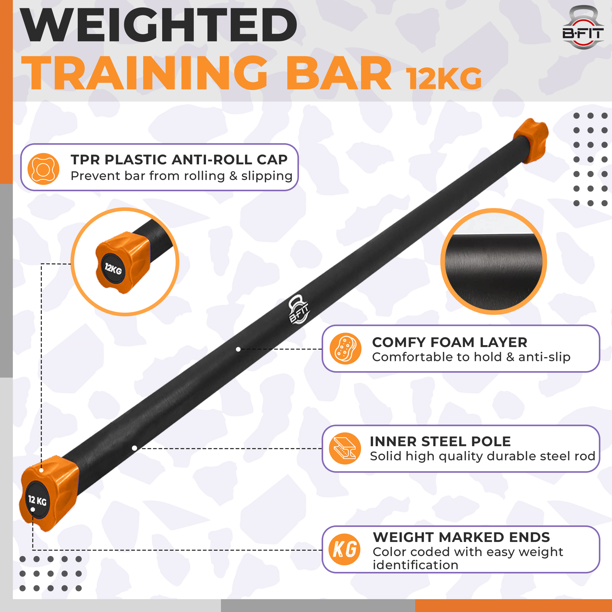 B Fit Weighted Workout Bar 12 Kg - Padded Foam 47 Heavy-Duty Solid Steel Exercise Bar for Physical Therapy Aerobics Yoga Pilates - Premium Equipment