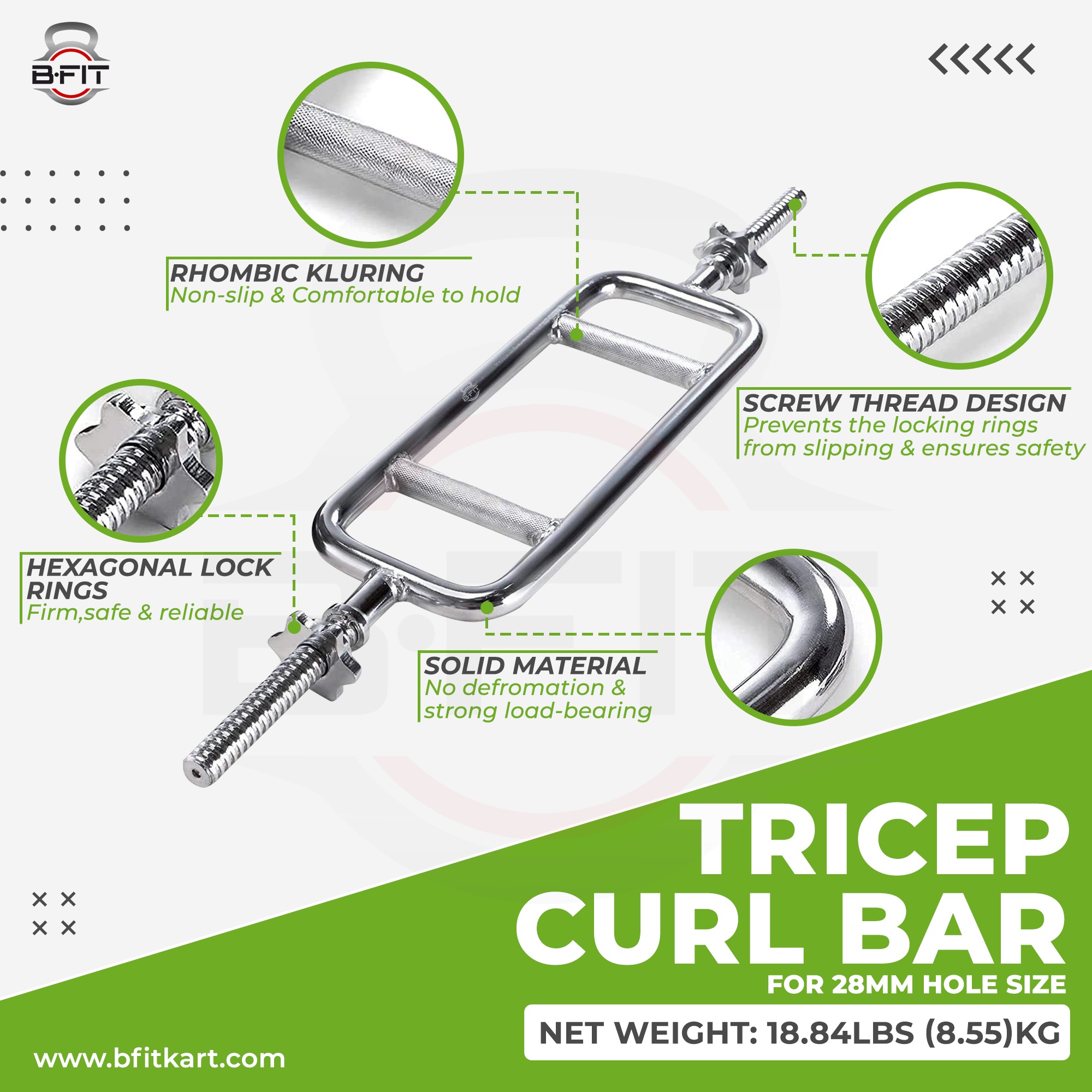 B fit 34 Barbell Triceps Curl Bar Standard Threaded Triceps Bar Non Slip 28 MM With Ring Collars