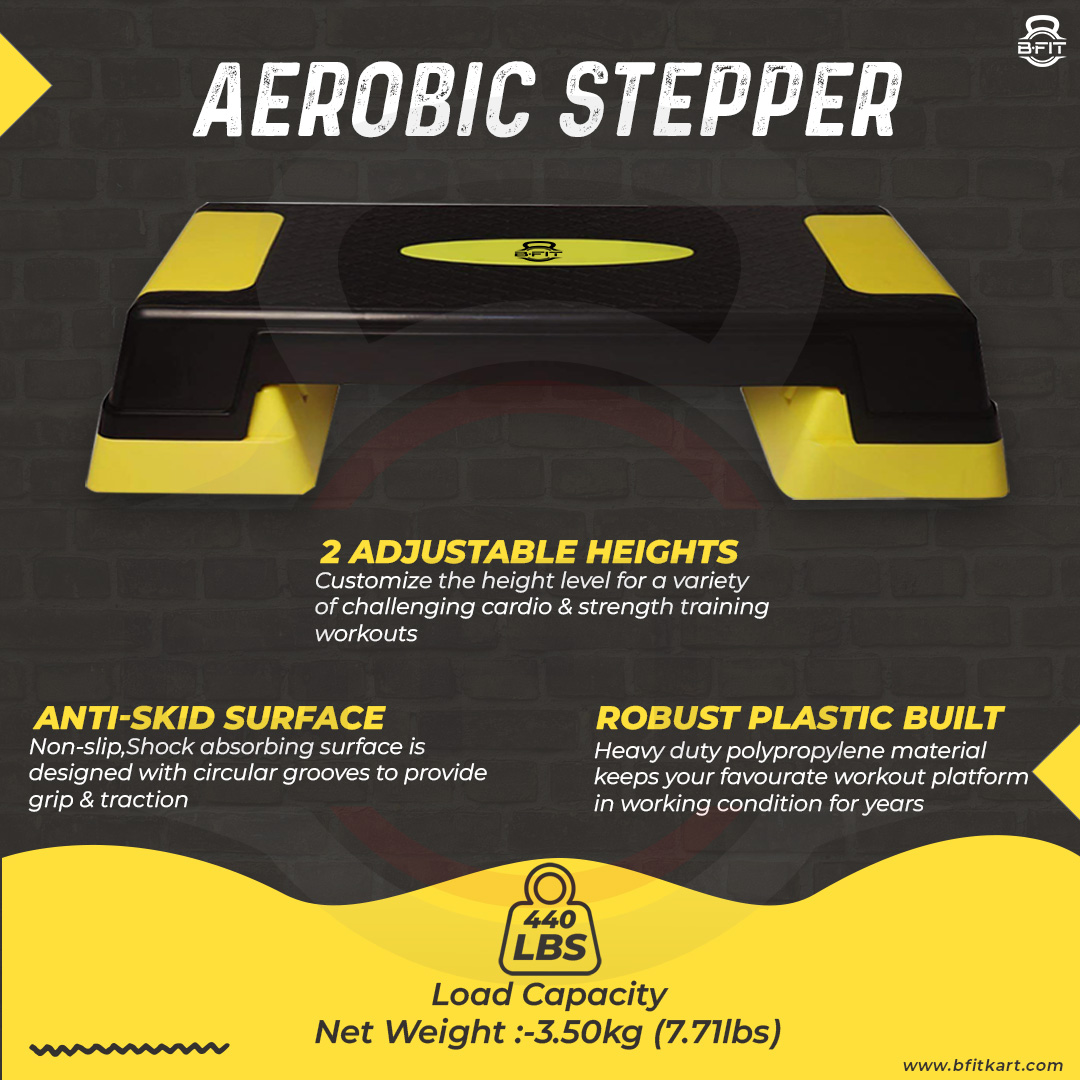 B Fit Big Size Aerobic Step - 2 Levels Height Adjustable 68 inch Color Yellow and Black Non Slip Rubber Surface 200 kg Max - Fitness Stepper Board