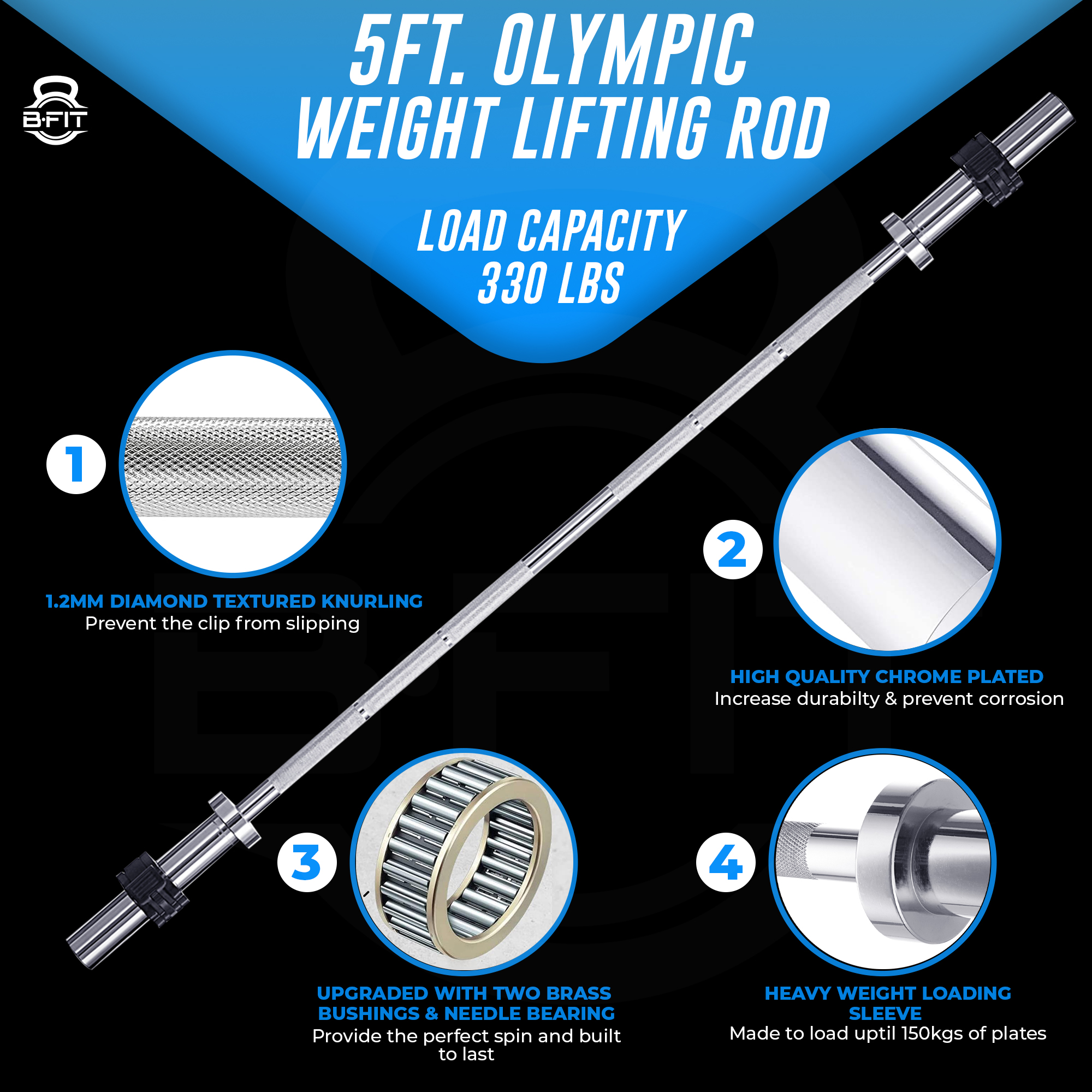 B Fit Olympic Barbell Bar 5-Feet for Weightlifting Power lifting with 2 Olympic Premium Collar Pair